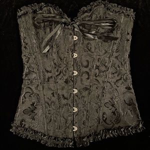 Black Satin Brocade & Ribbon Corset